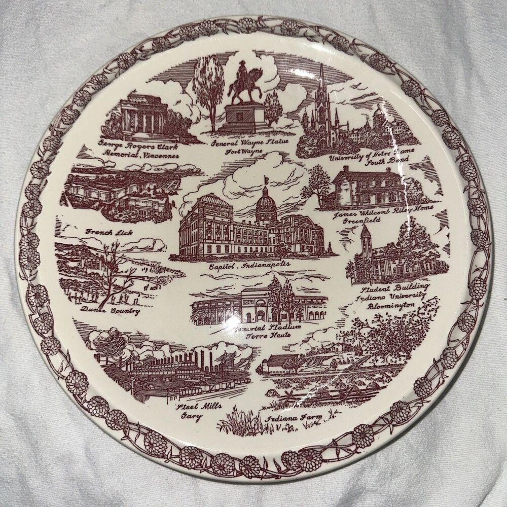 Vtg Vernon Kilns Indiana State Plate Wabash Song Landmark Transferware